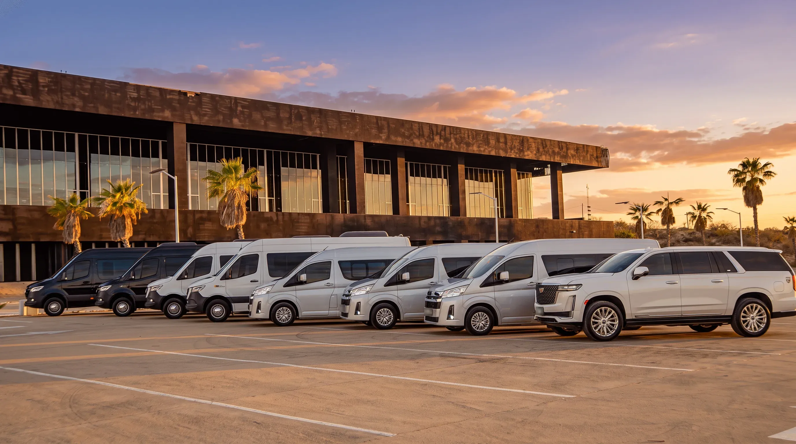 The Cabo T&T fleet, vans and an SUV, lined up outside the terminal at sunset